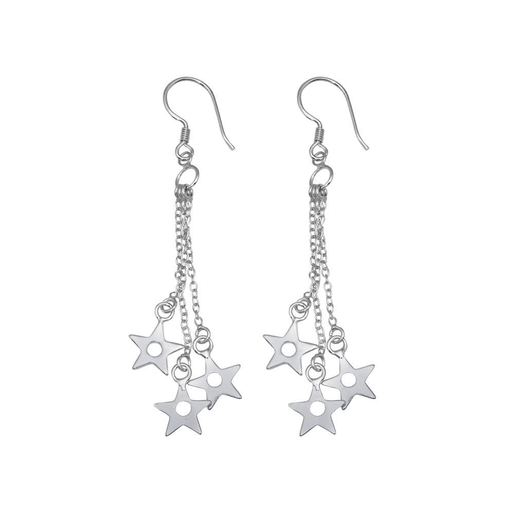 PARIKHS Rhodium Plated Three Wire Dangling Open Stars Hook Earring in 925 Sterling Silver