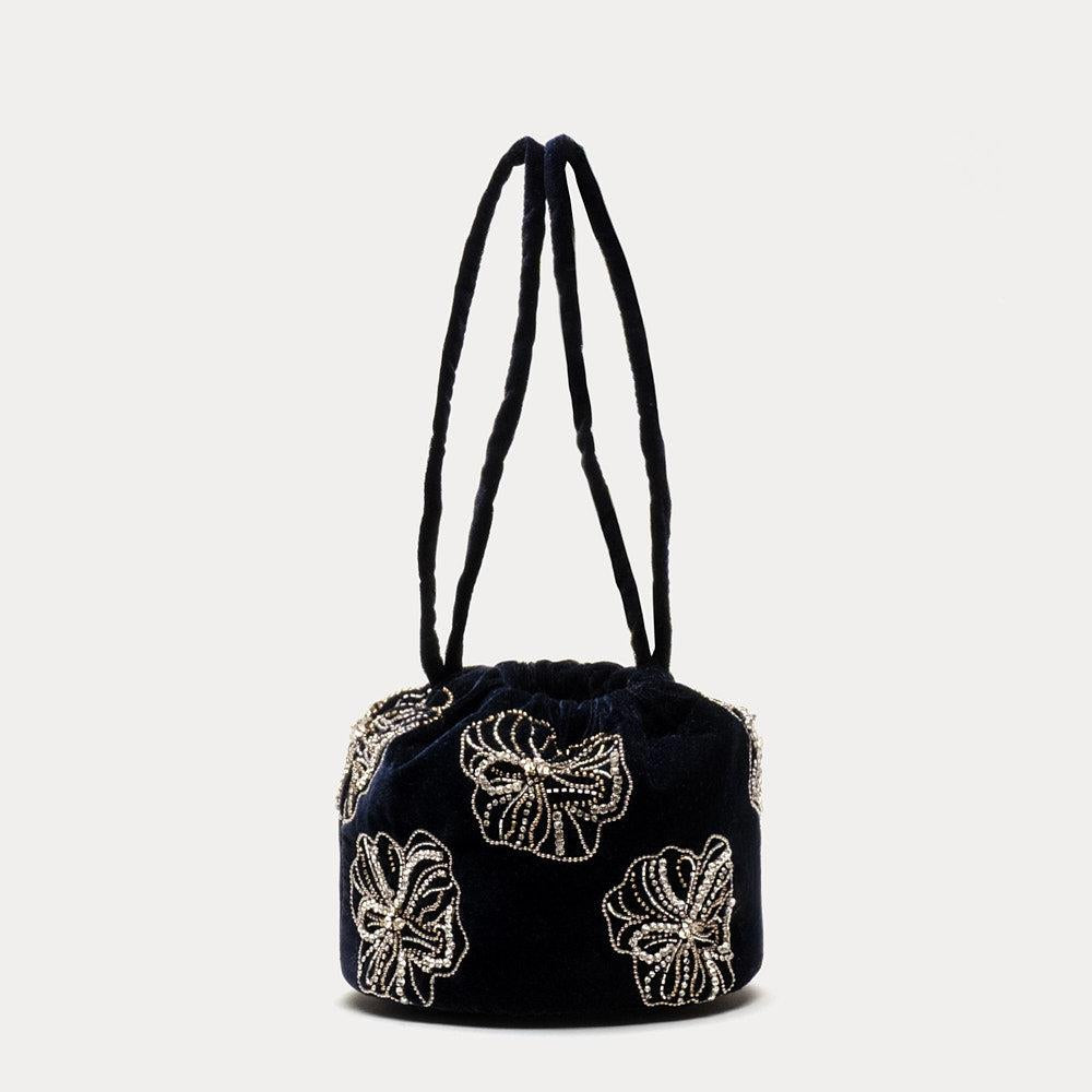 Frances Valentine Pouf Bag w/ Floral Embroidery Velvet
