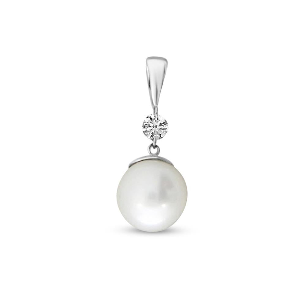 Distinctive 14K White Gold Dashing Diamond Pearl Pendant