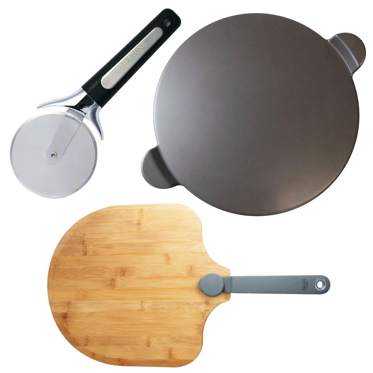 KitchenSupply Old Stone Pizza Kitchen - Glazed Pizza Stone, Bamboo Peel, & Pizza Cutter Set