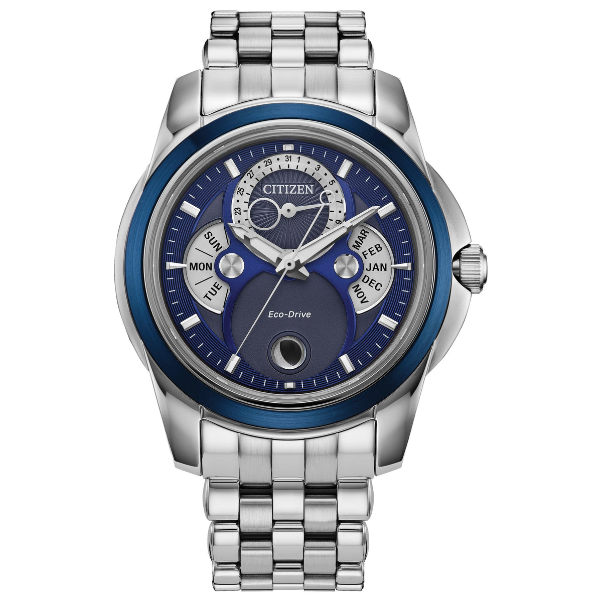 Citizen Mens Calendrier Eco-Drive Blue & Silver-Tone Stainless Watch Blue & Silver Dial