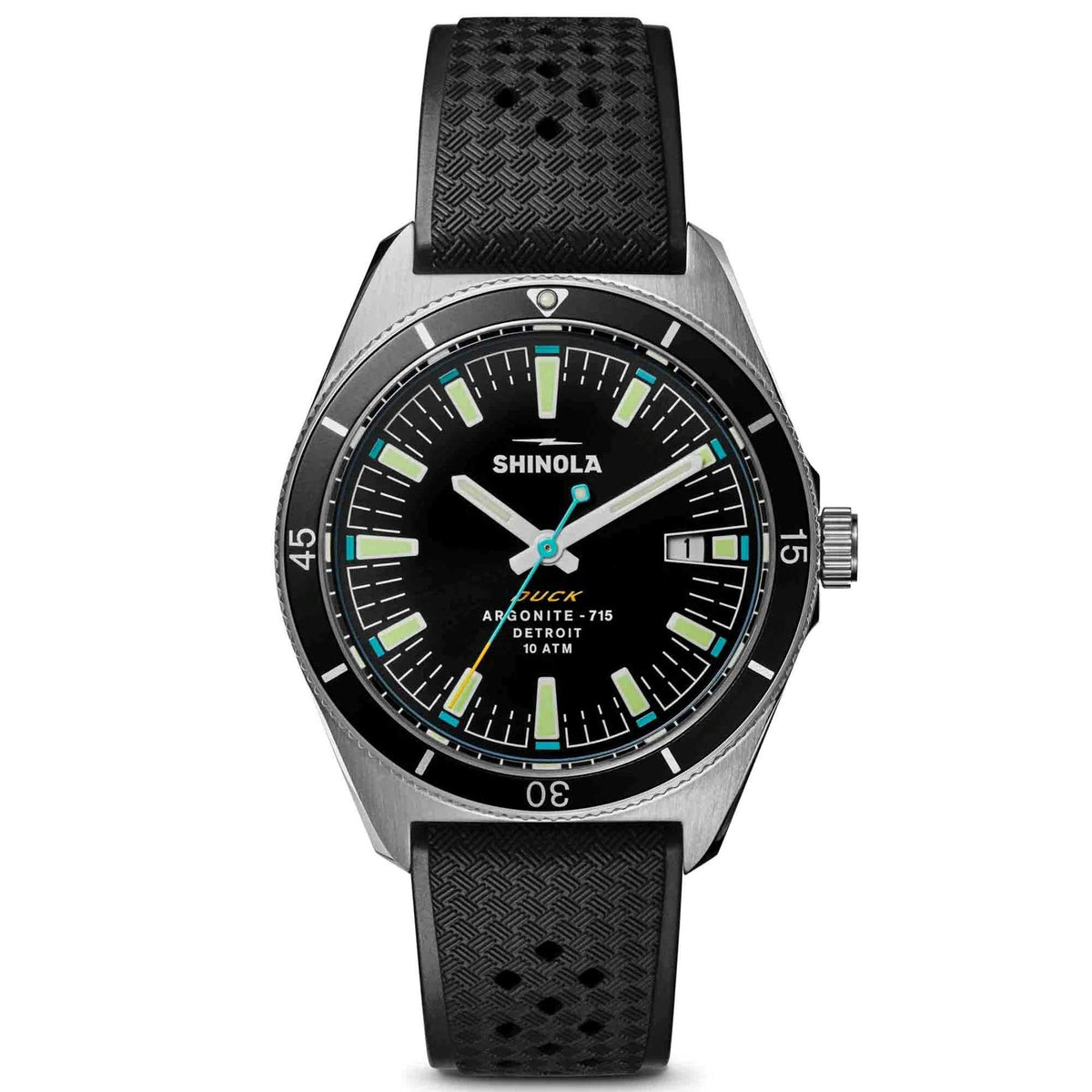 Shinola Mens The Duck 1040 Silver & Black Rubber Strap Watch Black Dial