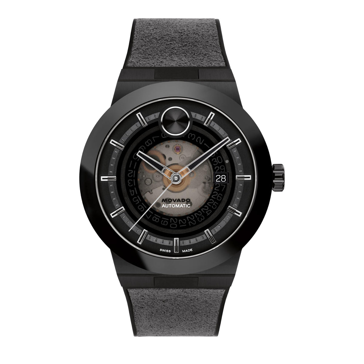 Movado Automatics Bold Fusion Automatic. Black IP Steel Case. Black Rubber Strap. Black Skeleton dial