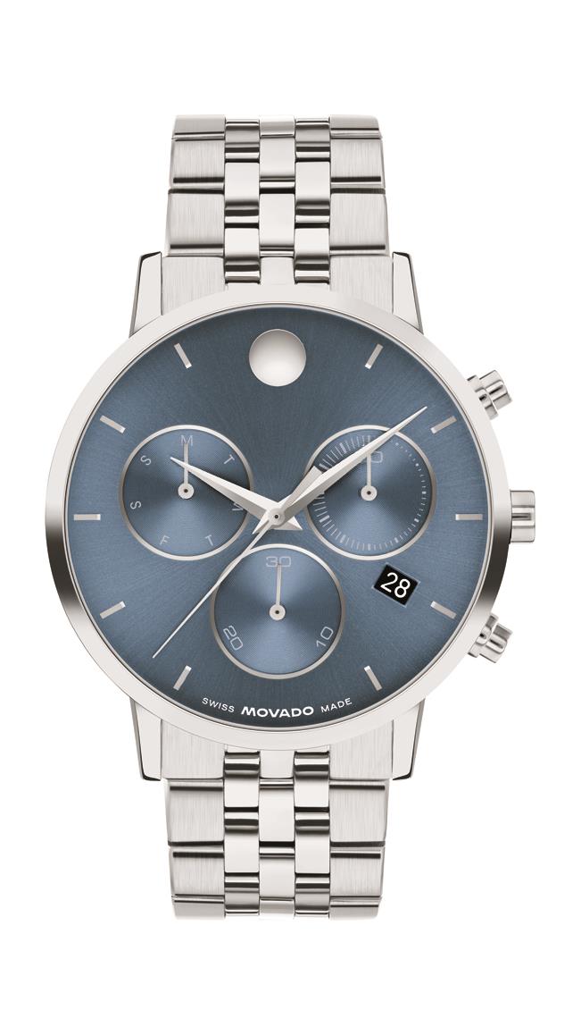 Movado Museum Classic Chrono Mens. Stainless Steel Case and bracelet. Blue Chronograph Dial.