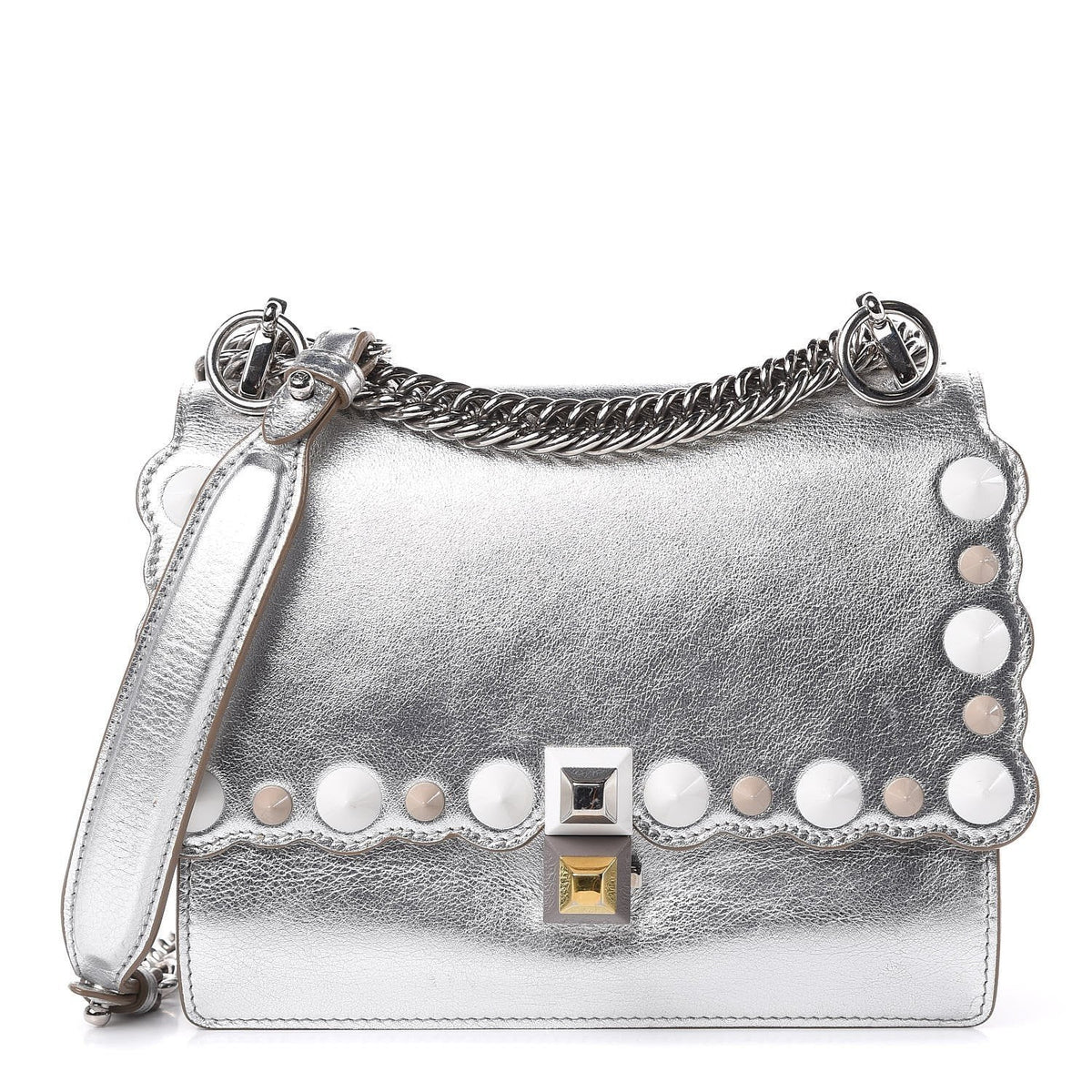 Fendi Kan I Metallic Silver Calfskin Scalloped Studded Bag