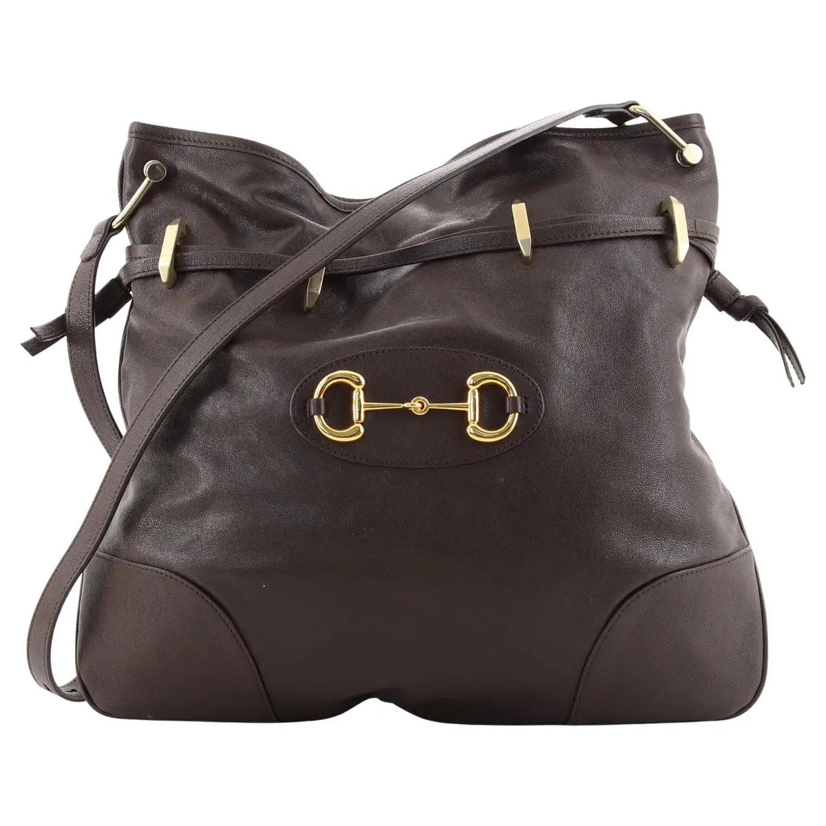 Gucci 1955 Morsetto Large Leather Horsebit Drawstring Brown Bucket Bag