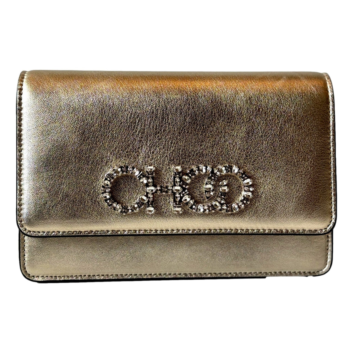Jimmy Choo Kalina Crossbody Clutch Bag Crystal Logo Metallic Gold