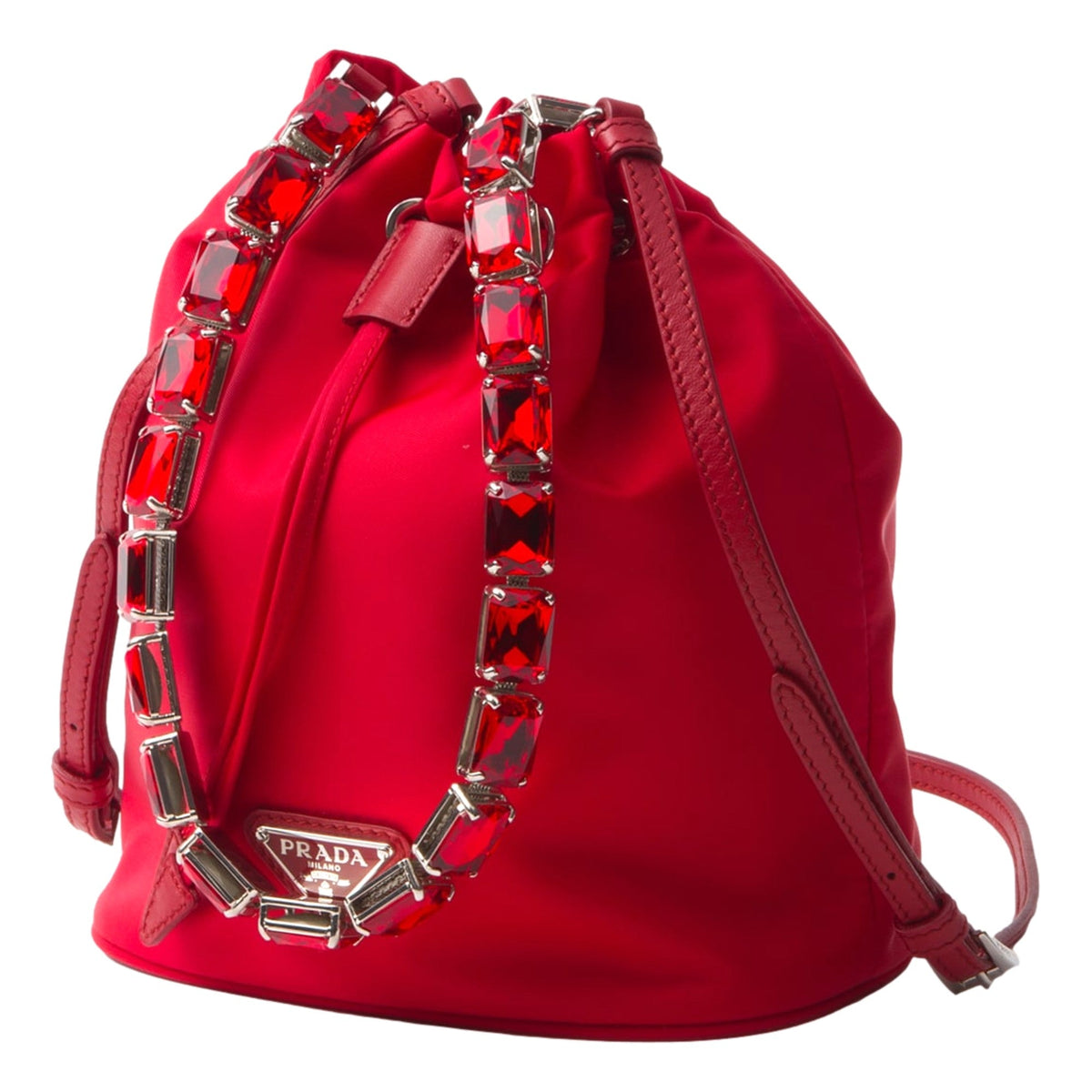 Prada Re-Nylon Rosso Red Drawstring Bucket Bag Embellished Crystal Handle