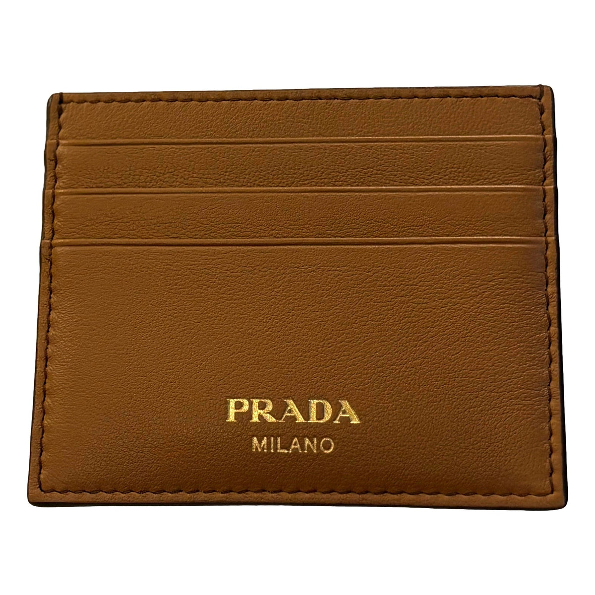 Prada Caramel Soft Grain Leather Gold Embossed Logo Card Holder Wallet