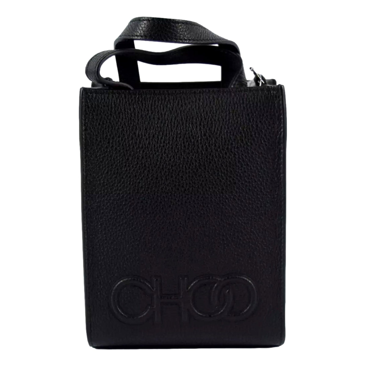 Jimmy Choo Black Leather Mini Shopper Handbag Crossbody Embossed Logo