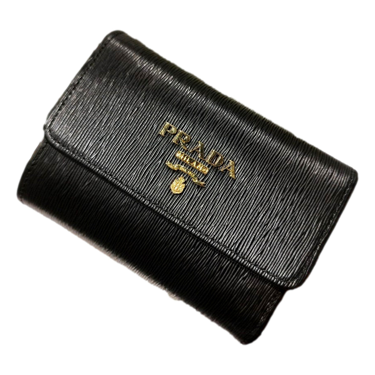 Prada Vitello Move Nero Black Trifold Coin Zipper Snap Card Holder Wallet