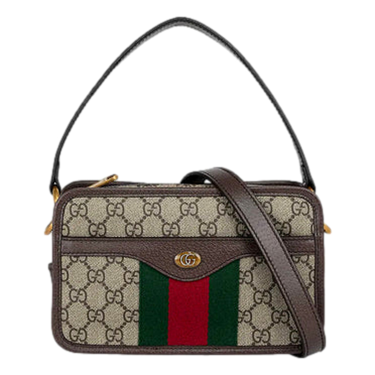 Gucci Ophida GG Supreme Canvas Leather Webstripe Top Handle Crossbody Handbag