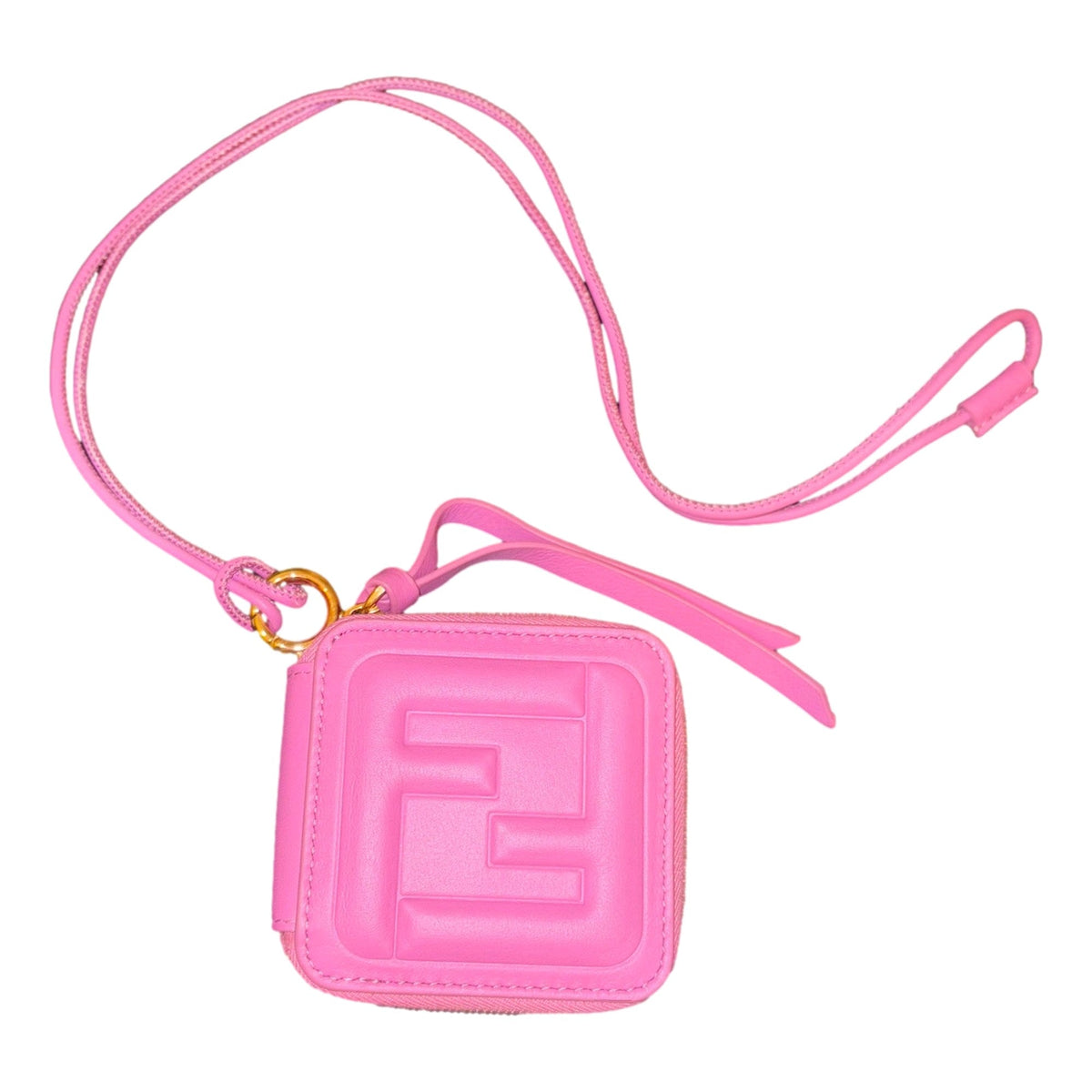 Fendi FF Cube Embossed Small Zip Wallet Pink Leather with Strap