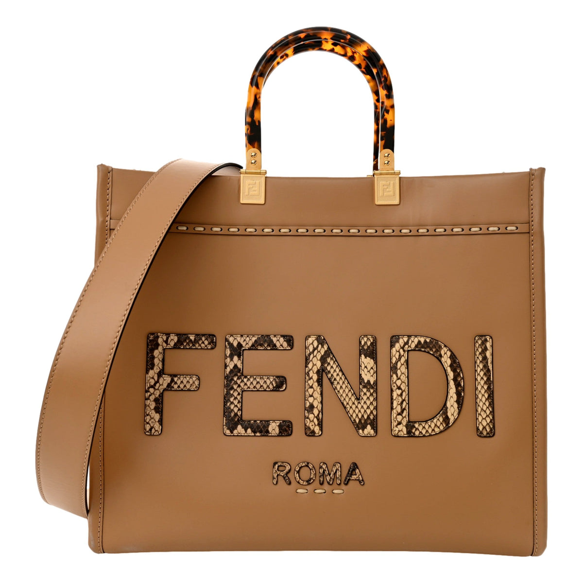 Fendi Sunshine Tan Leather Snake Print Logo Large Tote