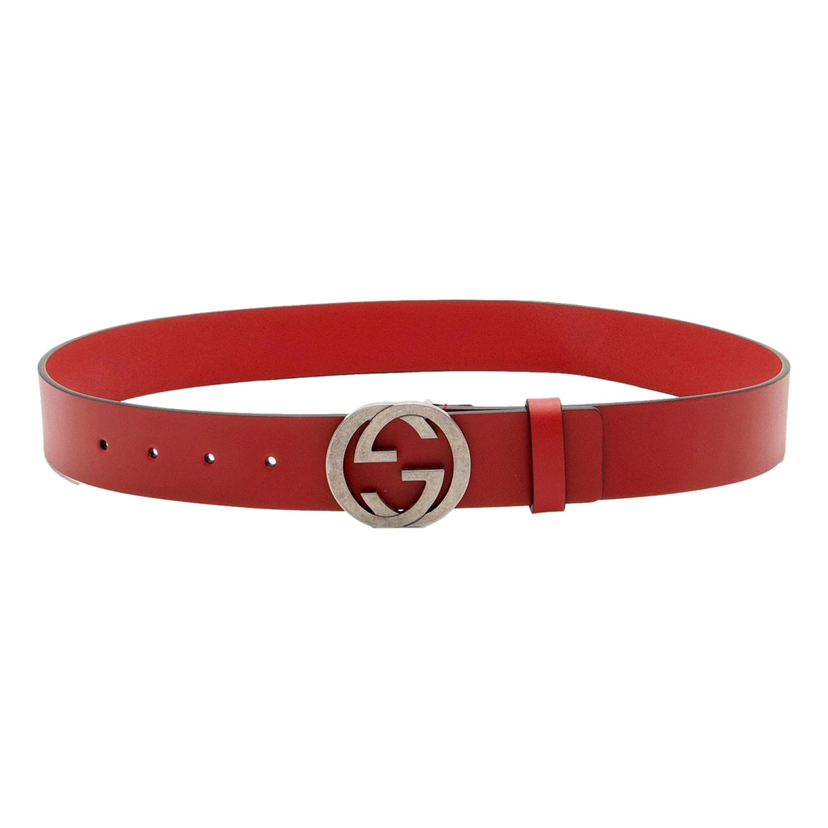 Gucci Interlocking Leather GG Buckle Antiqued Silver Tone Belt Rosso Red 90/36