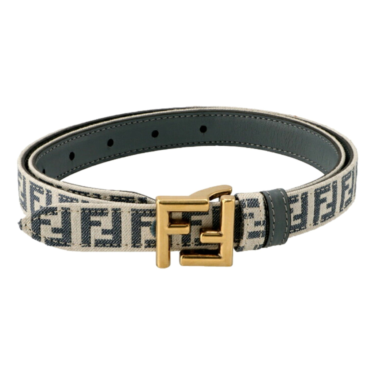 Fendi FF Denim Blue and White Canvas Leather Reversible Skinny Belt Gold Tone Buckle 80