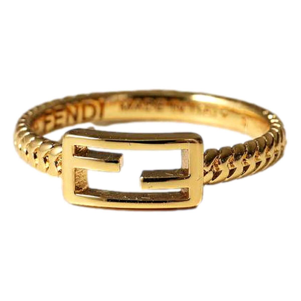 Fendi Baguette FF Logo Ring Gold Tone Twist Metal Band Large
