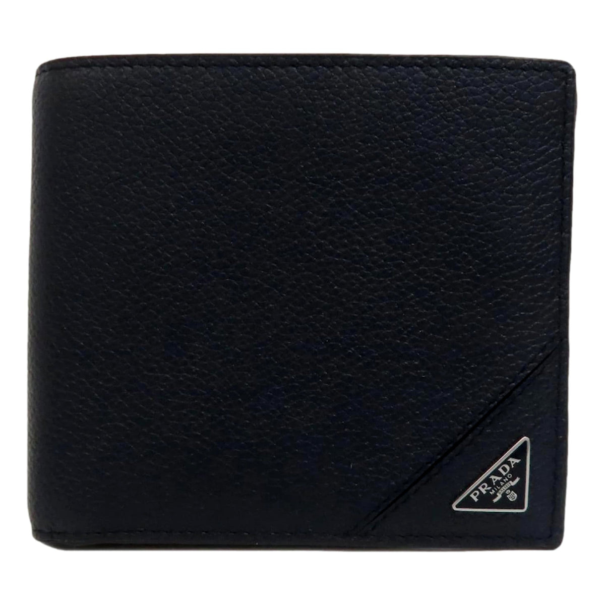 Prada Black Vitello Micro Grain Leather Bifold Wallet Triangle Enamel Logo