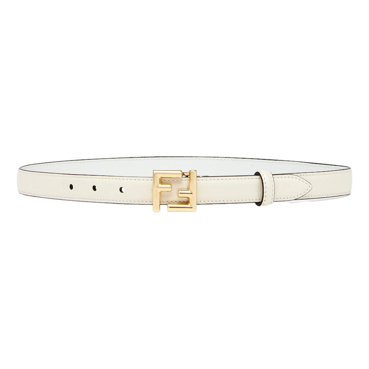 Fendi FF Logo Gold Tone Buckle White Leather Skinny Belt 90