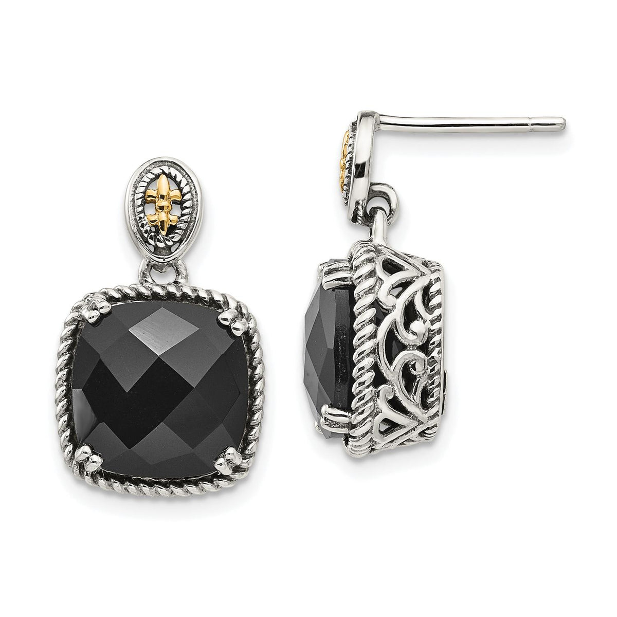 Distinctive Sterling Silver w/14k Onyx Dangle Post Earrings