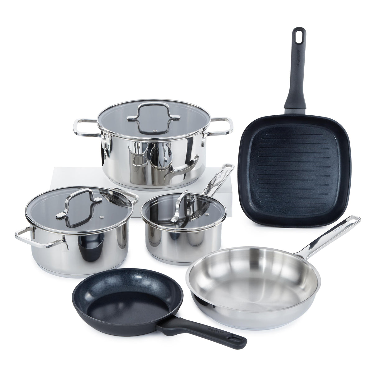 BergHOFF DiNA Helix 9pc Recycled Stainless Steel Cookware Set with Non-Stick Ceramic Fry and Grill Pan