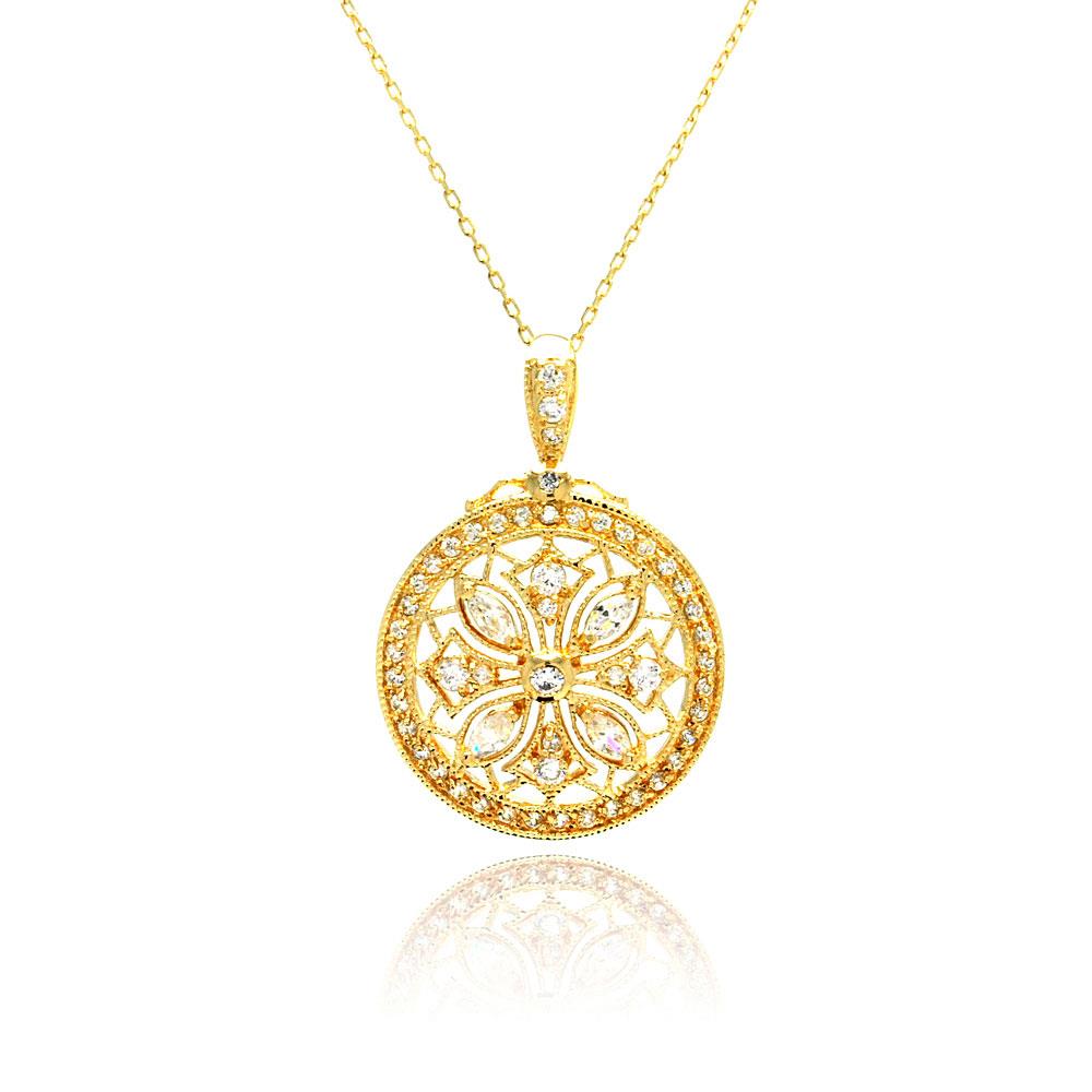 PARIKHS Rhodium Plated Disc Designed Filigree CZ Necklace in 925 Sterling Silver