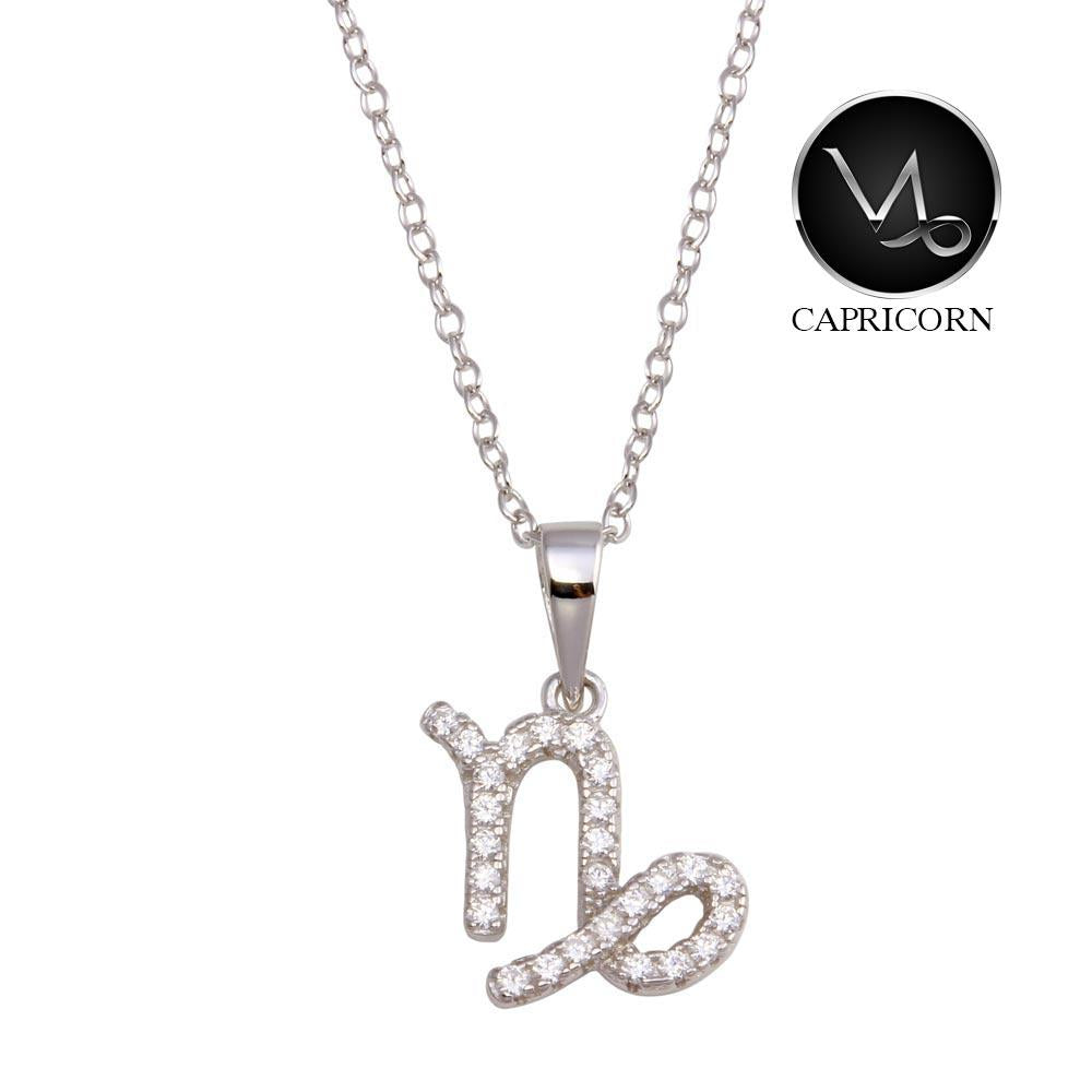 PARIKHS Rhodium Plated Capricorn CZ Zodiac Sign Necklace in 925 Sterling Silver