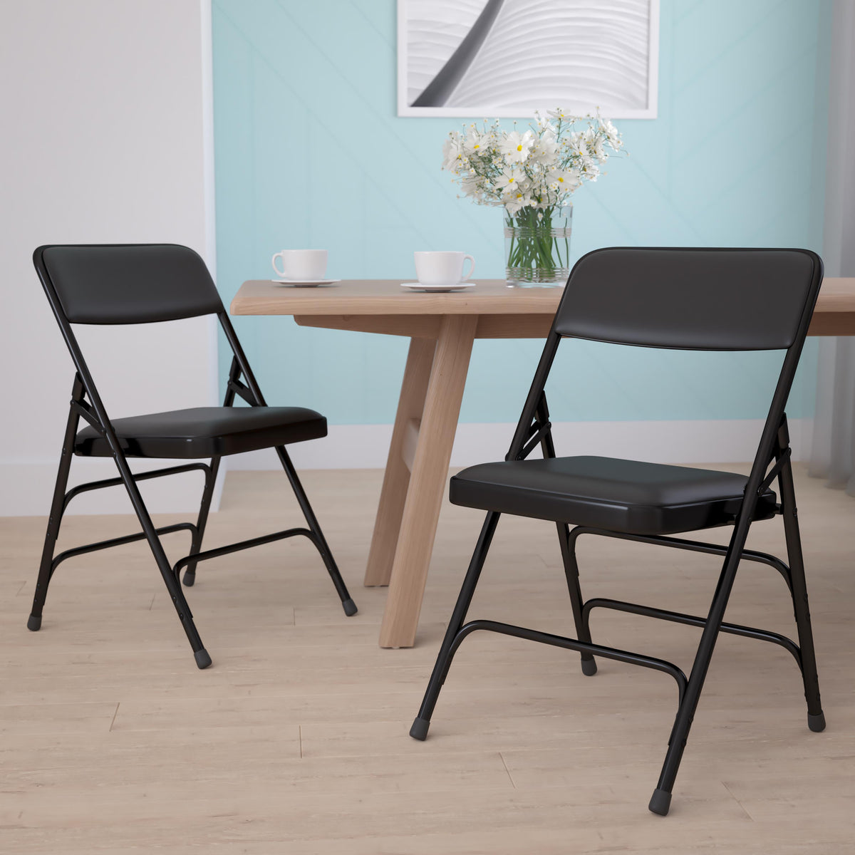 Flash Furniture 2 Pack Curved Triple Braced & Double Hinged Black Vinyl Metal Folding Chair