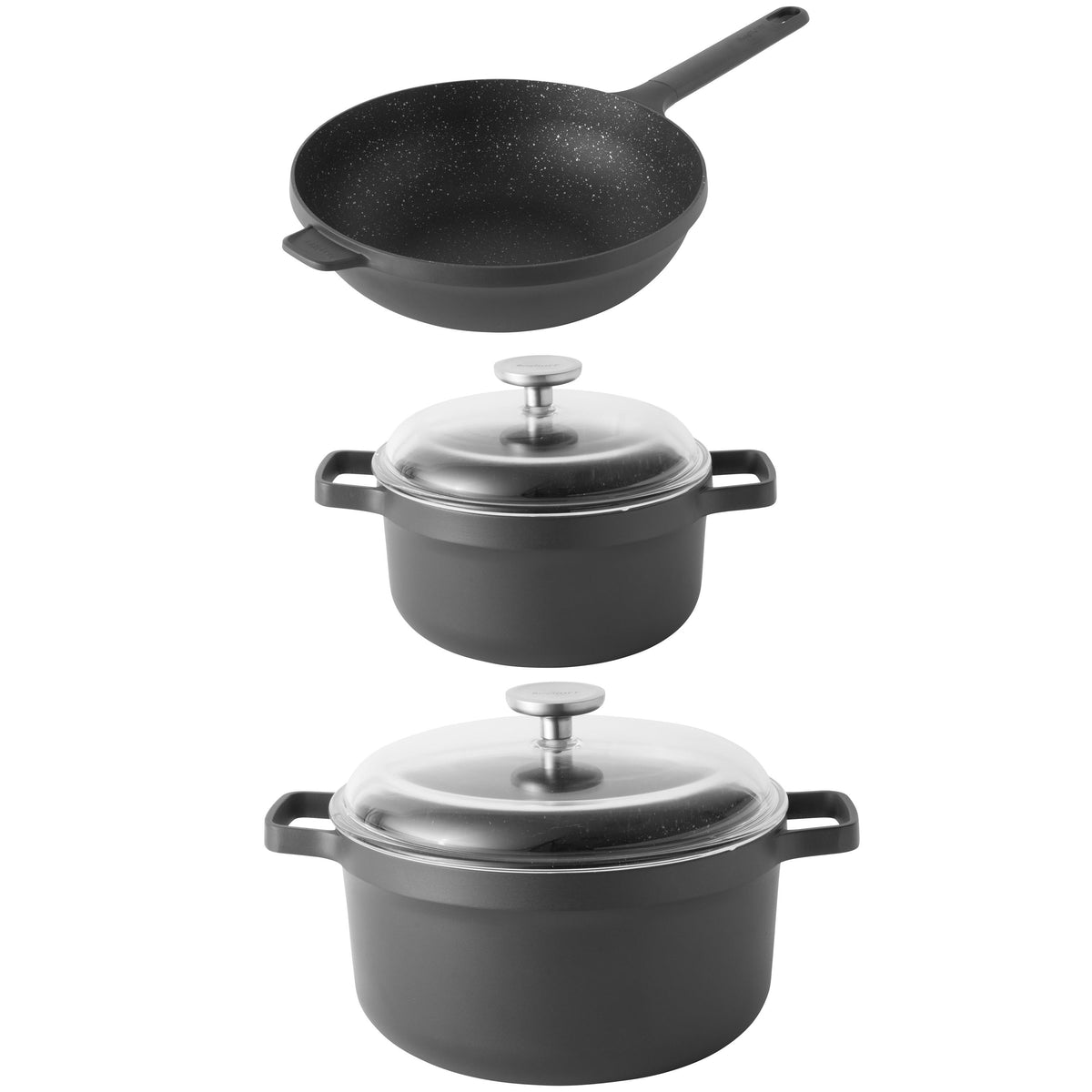 BergHOFF GEM 5Pc Nonstick Cast Aluminum Wok and Stockpots Cookware Set, Glass Lids