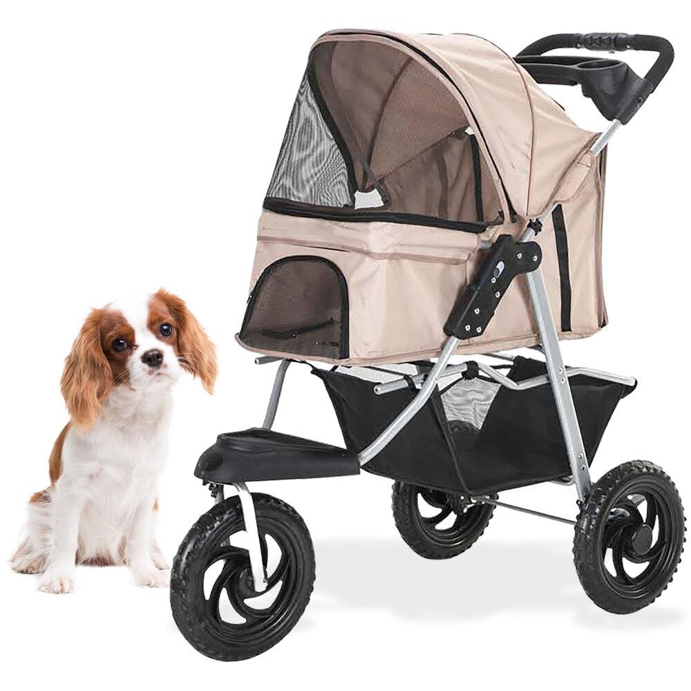 CRITTER SITTERS Single 3 Wheel Jogging Pet Stroller for Pets 55 Lbs. and Under with Storage Basket, Tan