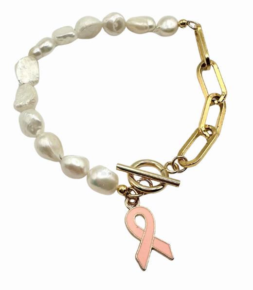 DKD Pearl and Paperclip Breast Cancer Awareness Bracelet