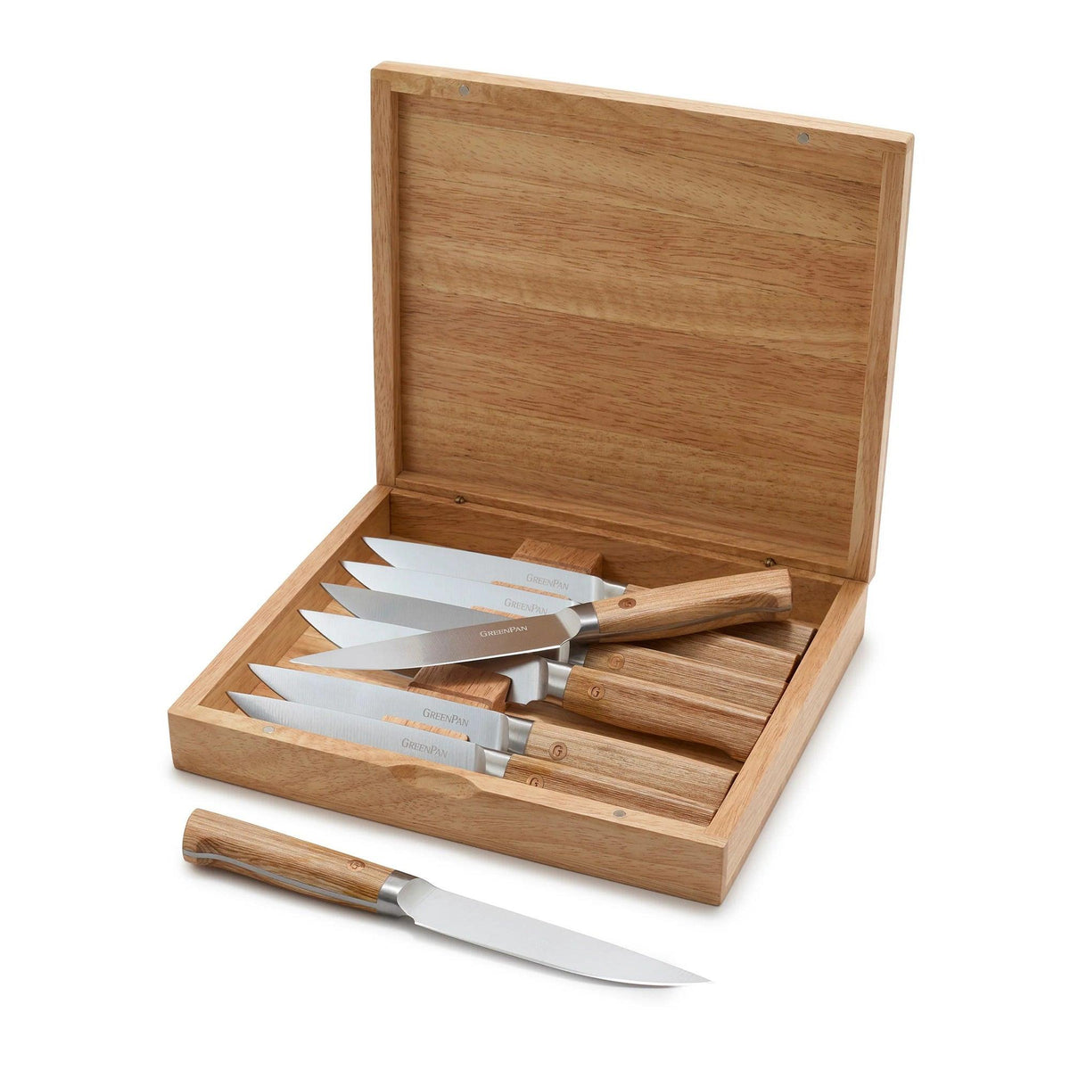 GreenPan Elite Cutlery 8pc Steak Knife Set w/ Storage Box & Light Wood Handles