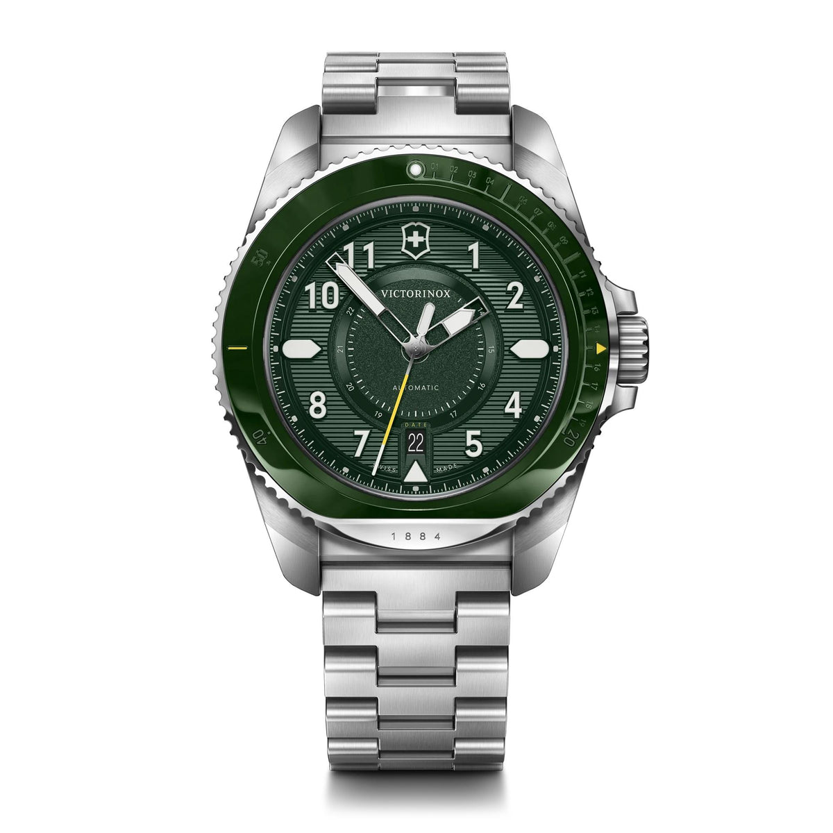 Victorinox Swiss Army Journey 1884 Auto 43mm, silver stainless steel case, green bezel and dial - stainless steel bracelet