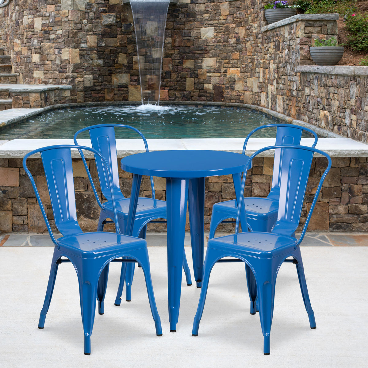 Flash Furniture 24" Round Blue Metal Indoor-Outdoor Table Set with 4 Cafe Chairs