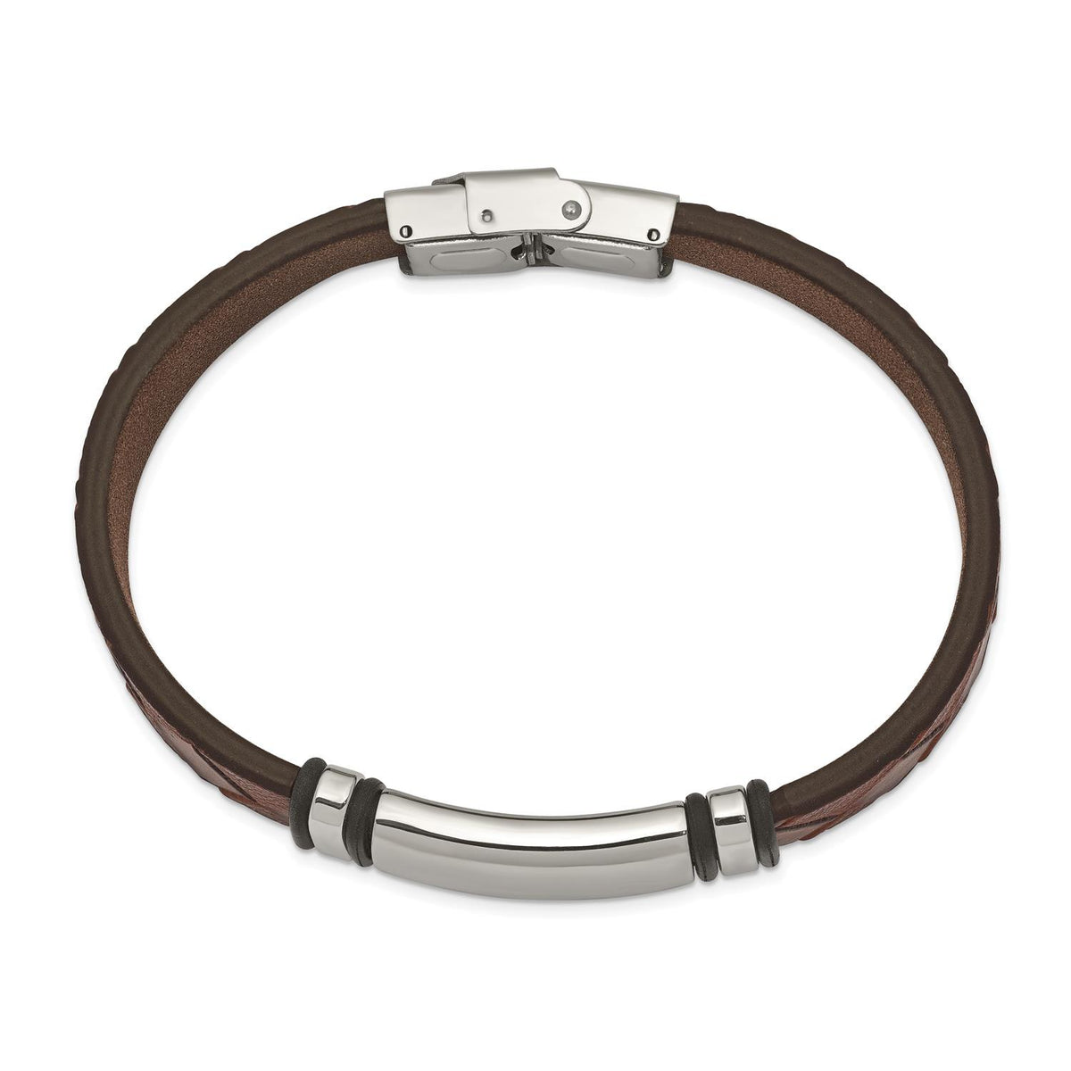 Distinctive Stainless Steel Polished Brown Faux Leather w/ Black Rubber ID Bracelet