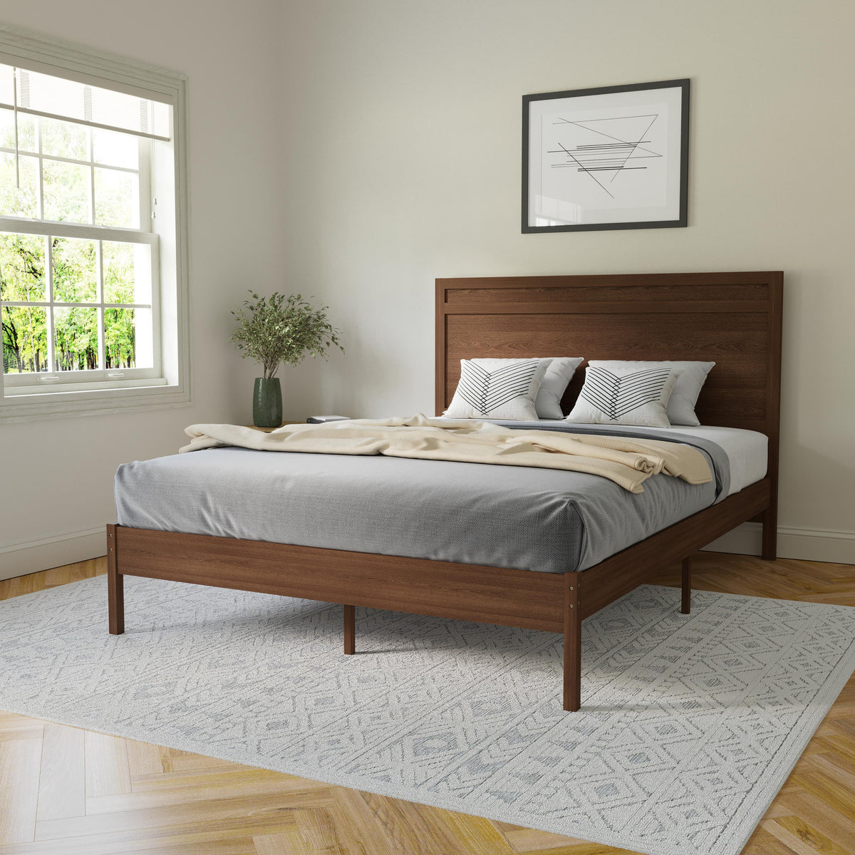 Flash Furniture Solid Wood Platform Bed with Headboard and Wooden Slats in Brown - Queen