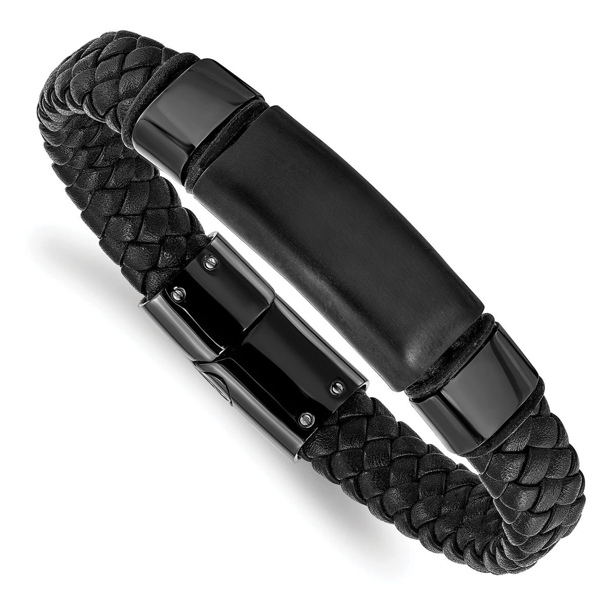 Distinctive Stainless Steel Brushed & Polished Black IP-plated Braided Leather Bracelet