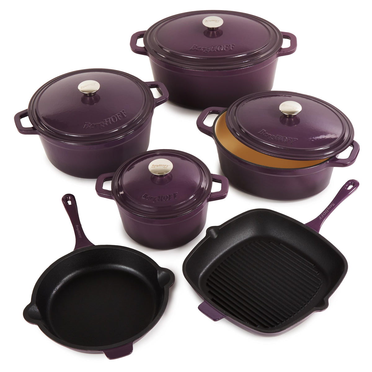 BergHOFF Neo 10pc Cast Iron Cookware Set, Purple