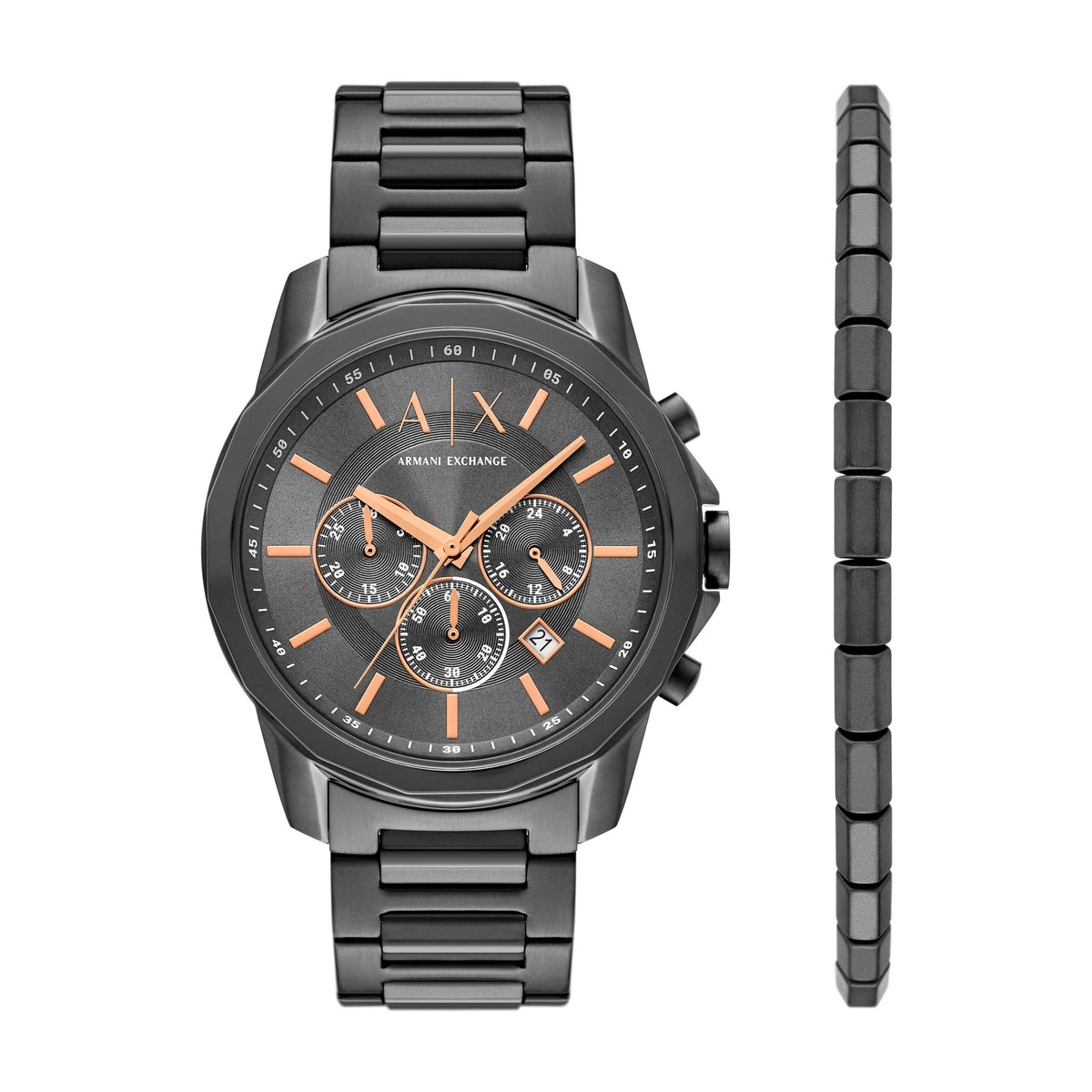 Armani Exchange Mens Bank Chronograph Gunmetal Stainless Steel Watch & Bracelet Set