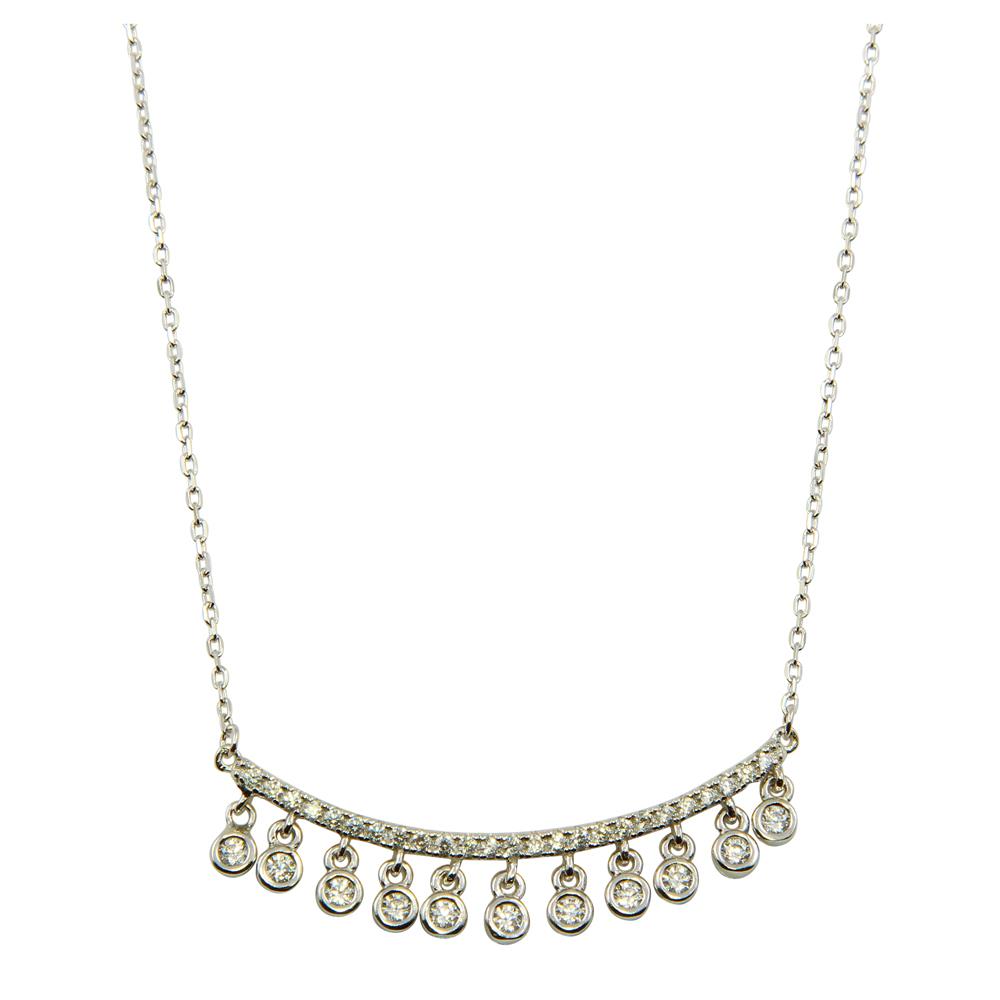 PARIKHS Rhodium Plated Curved Bar Necklace with Dangling CZ Stones in 925 Sterling Silver