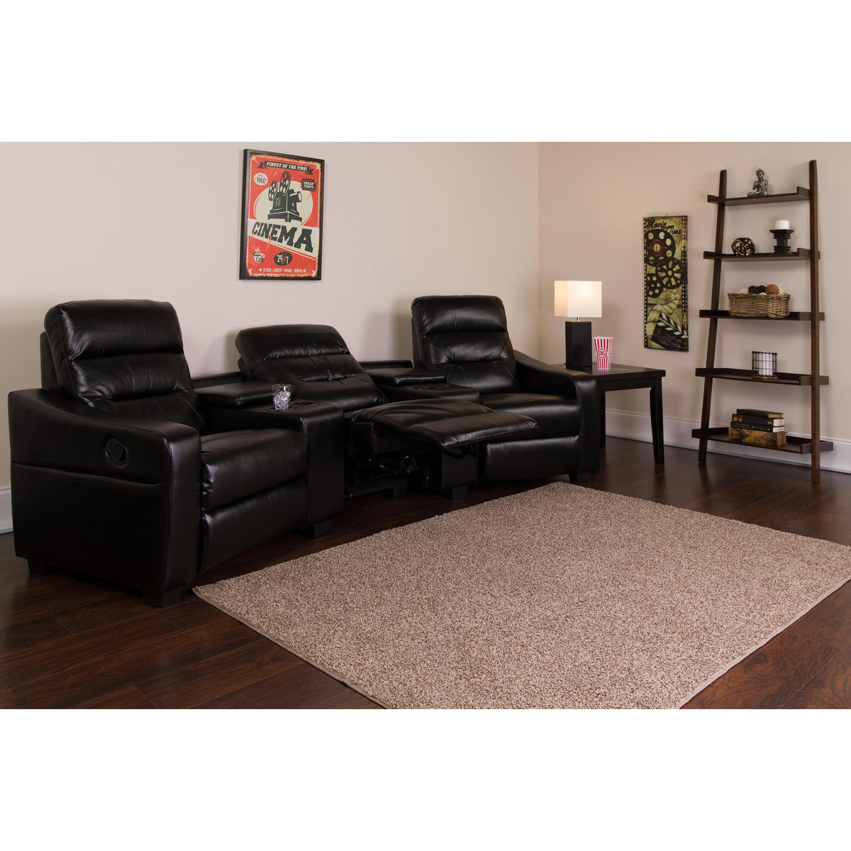 Flash Furniture 3-Seat Reclining Black LeatherSoft Tufted Bustle Back Seating Unit w/Cup Holders