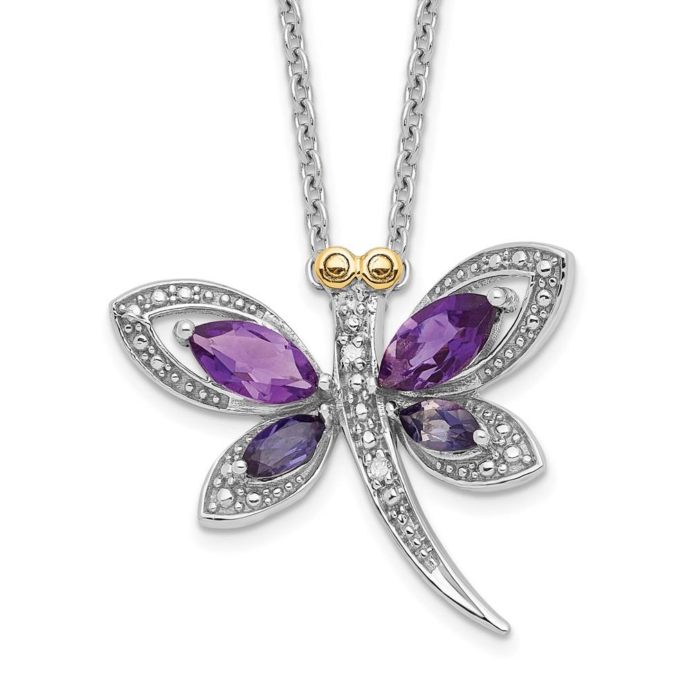 Distinctive Sterling Silver 14k Amethyst/Iolite/Diamond Dragonfly 18in Necklace