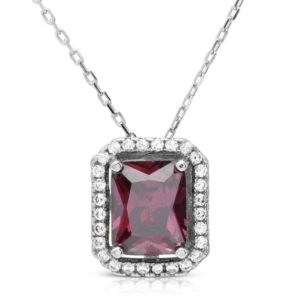 PARIKHS Rhodium Plated Purple Square Halo Pendant with chain in 925 Sterling Silver