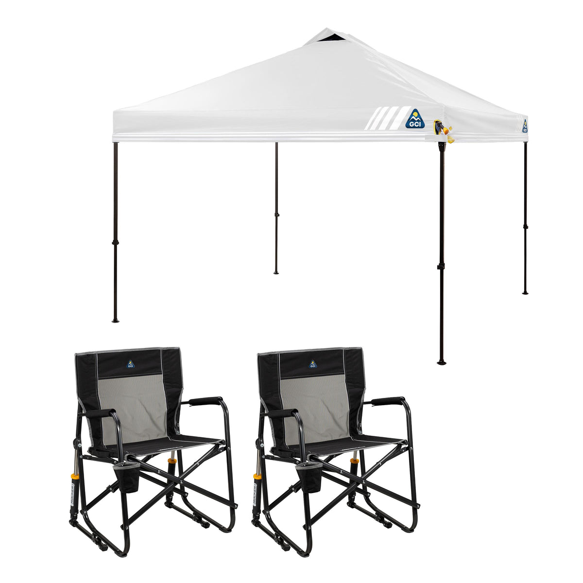 GCI Outdoor 2 Freestyle Rocker Chairs - Black (37010) & LevrUp Canopy - White (880216P)