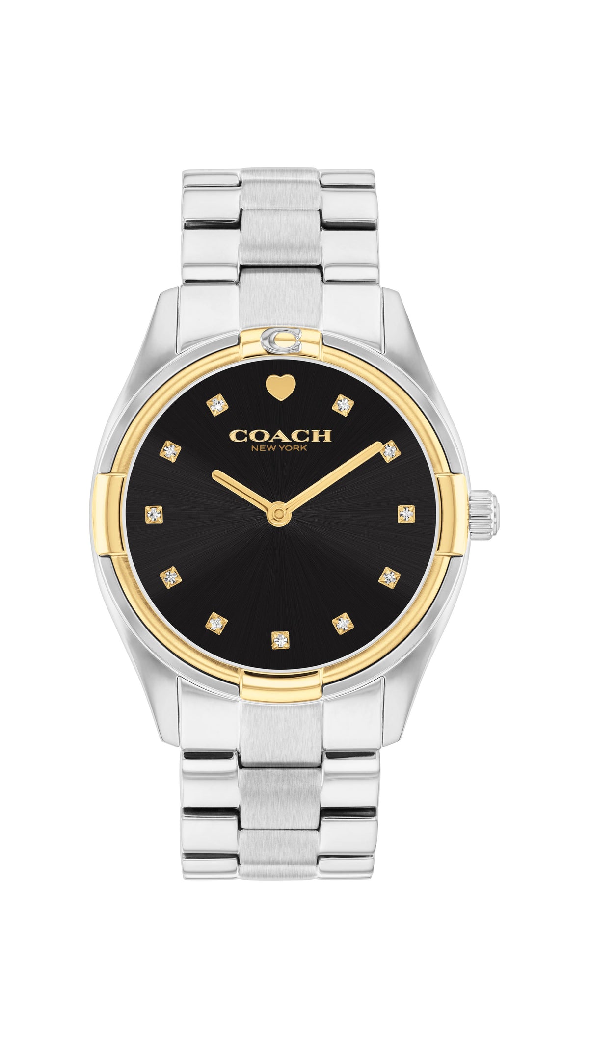 Coach Brooks Ladies. Two-toned case & Stainless Steel Bracelet. Black Dial with crystal markers