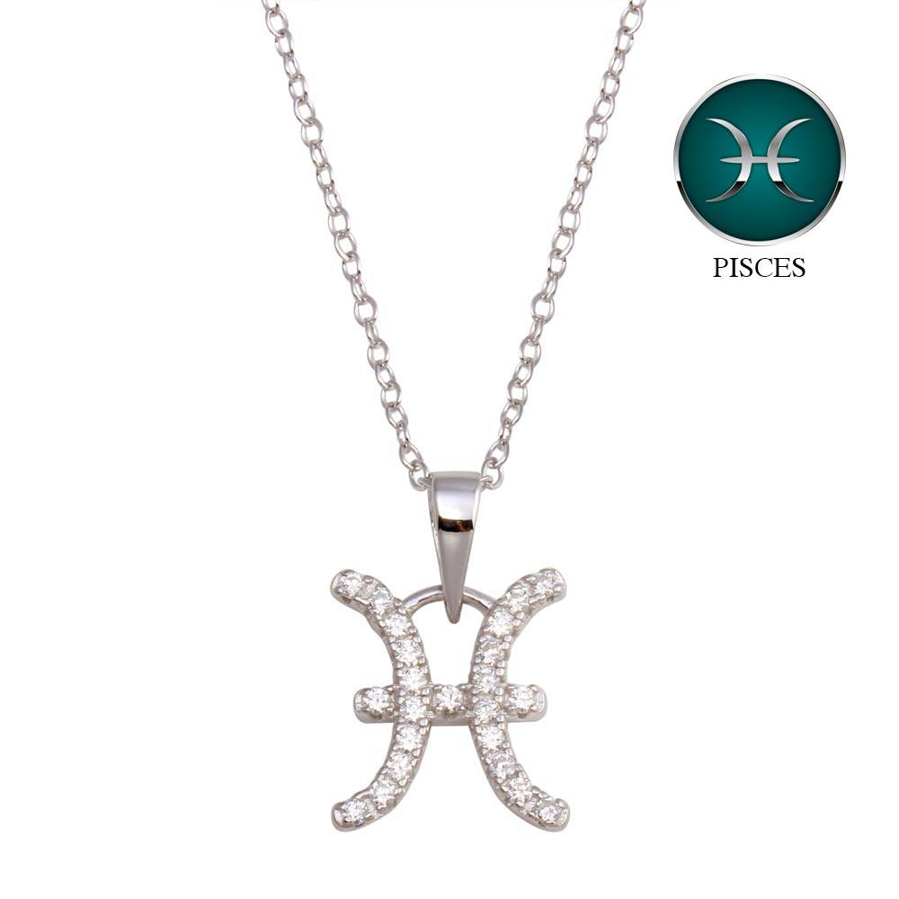 PARIKHS Rhodium Plated Pisces CZ Zodiac Sign Necklace in 925 Sterling Silver