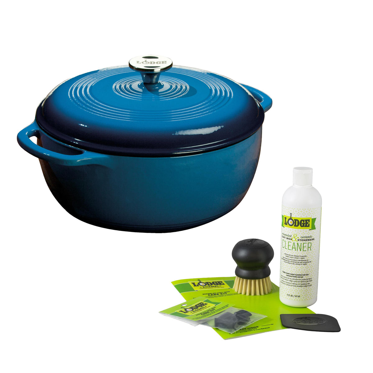 Lodge - 6 Qt Enamel Dutch Oven - Blue & Enamel Cast Iron Care Kit