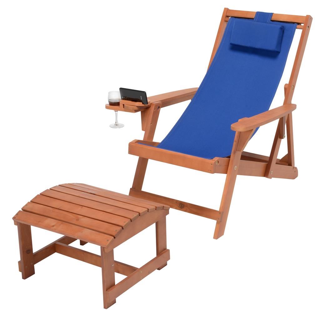 Romantic Collection - Canvas Sling Chair w/Beverage Holder & Ottoman - Walnut & Blue