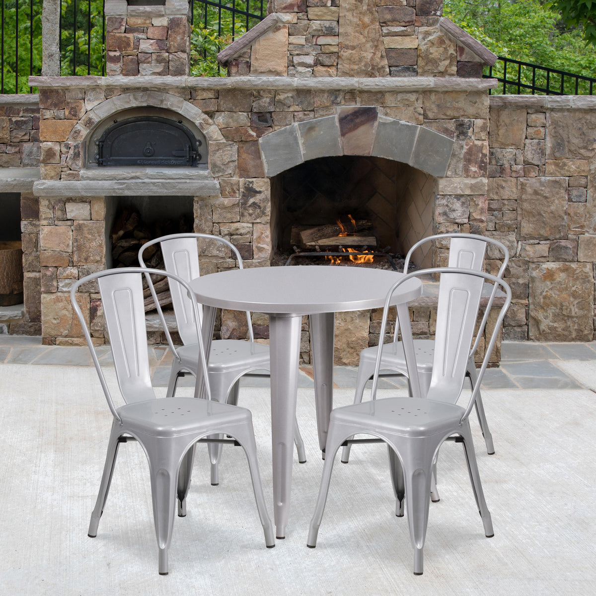 Flash Furniture 30" Round Silver Metal Indoor-Outdoor Table Set with 4 Cafe Chairs