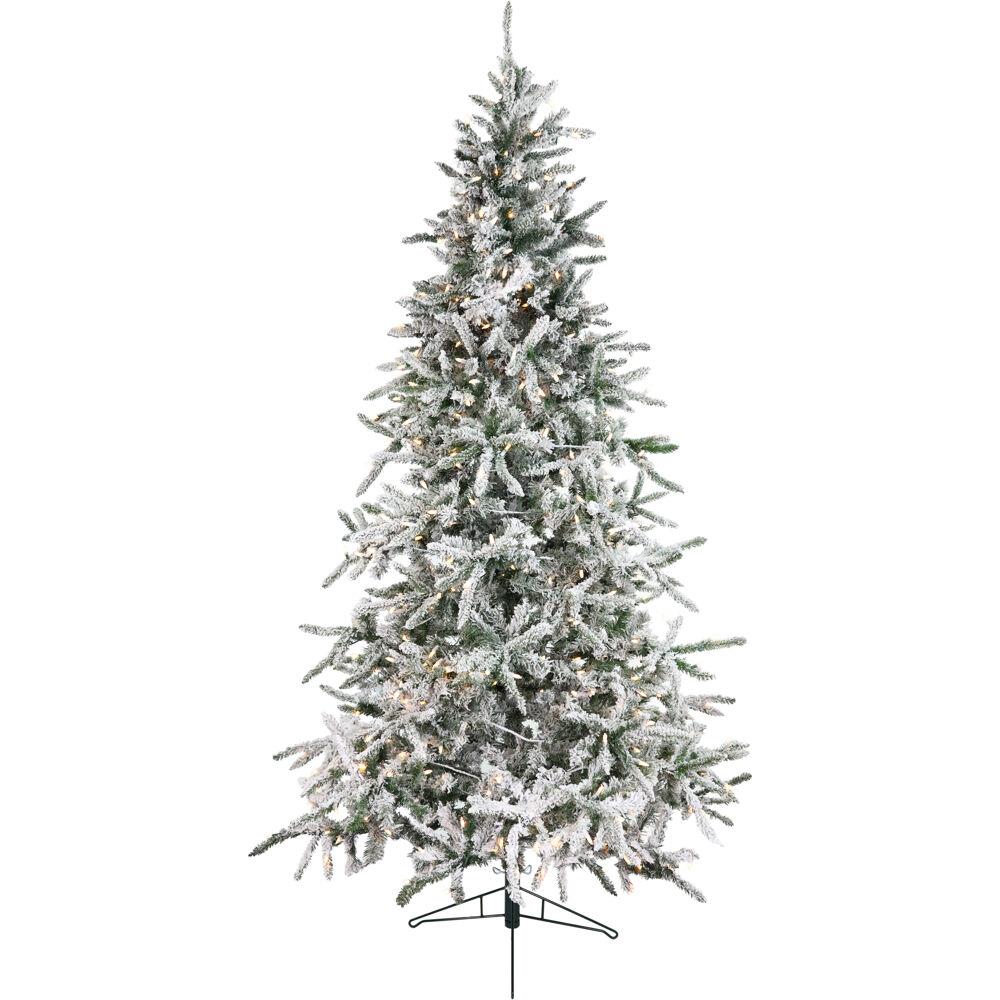 Fraser Hill Farm 9-Ft Flocked Mountain Pine Artificial Christmas Tree with Warm White LED Lights